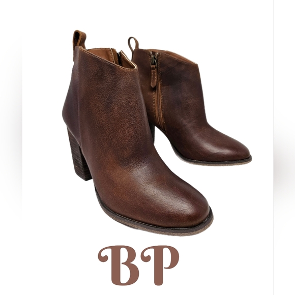 BP. Lance Womens Cognac Leather Booties Sz 8M Wood Block Stacked Heels Winter - Picture 1 of 13